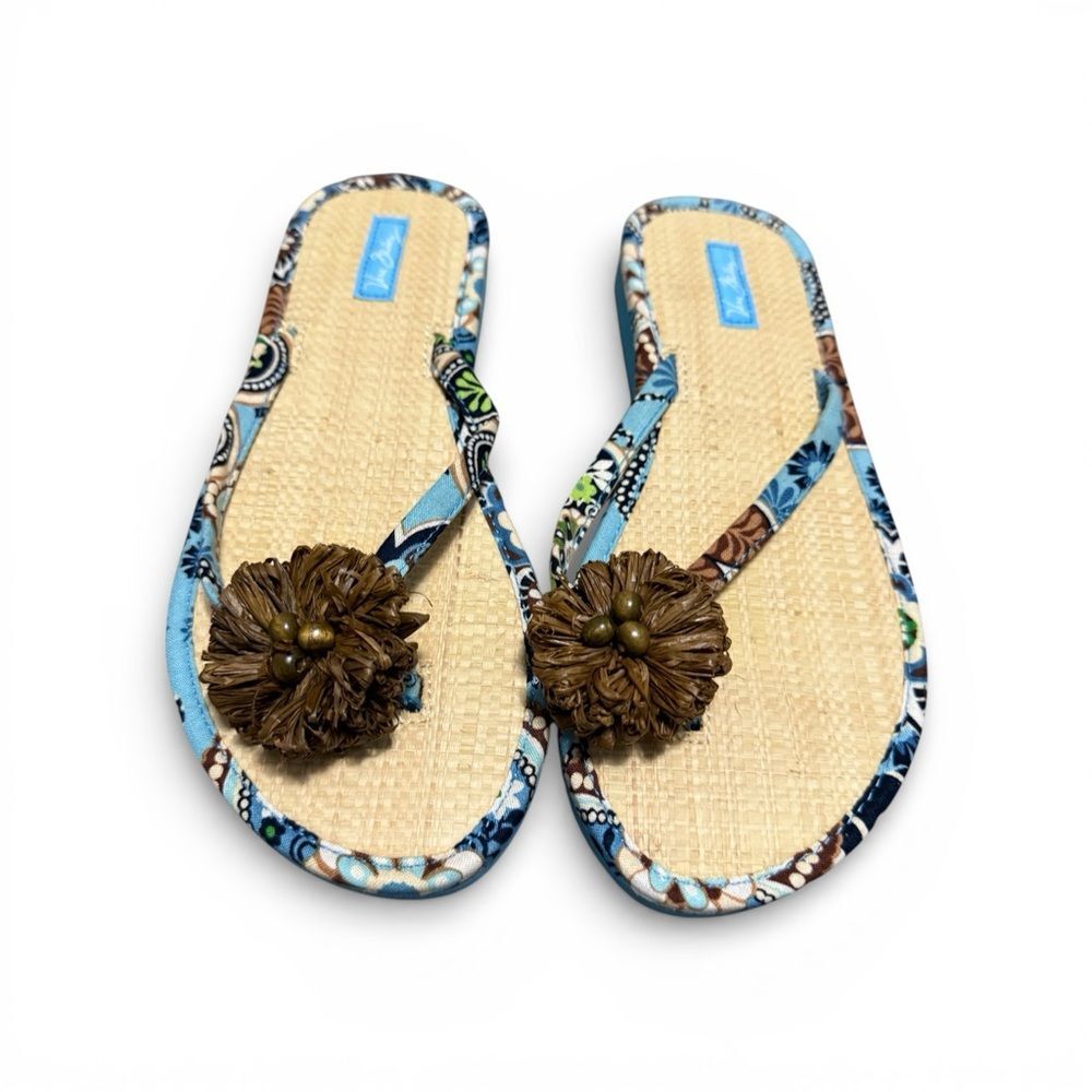 Vera Bradley Blue Floral Raffia Pom Pom Flip Flops Size 8